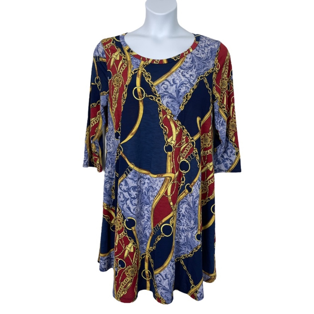 Dress 3/4 sleeve knee length Blue Yellow chain ribbon multi pattern relax fit XL